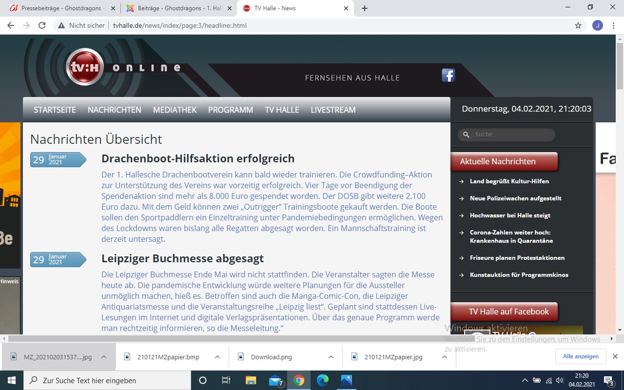 Drachenboot-Hilfsaktion erfolgreich - TV Halle News vom 29.01.2021