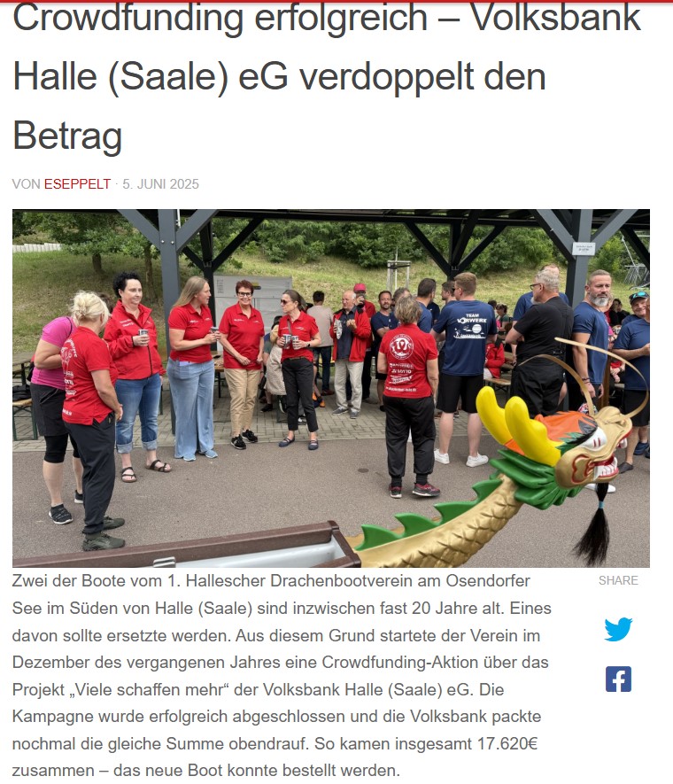 Neue Drachenboote getauft: Crowdfunding erfolgreich – Volksbank Halle (Saale) eG verdoppelt den Betrag - Du bist Halle am 05.06.2025