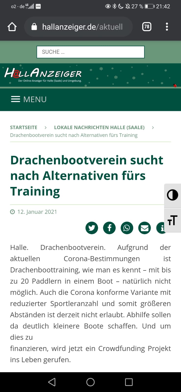 Drachenbootverein sucht nach Alternativen fürs Training- hallanzeiger.de vom 12.01.2021