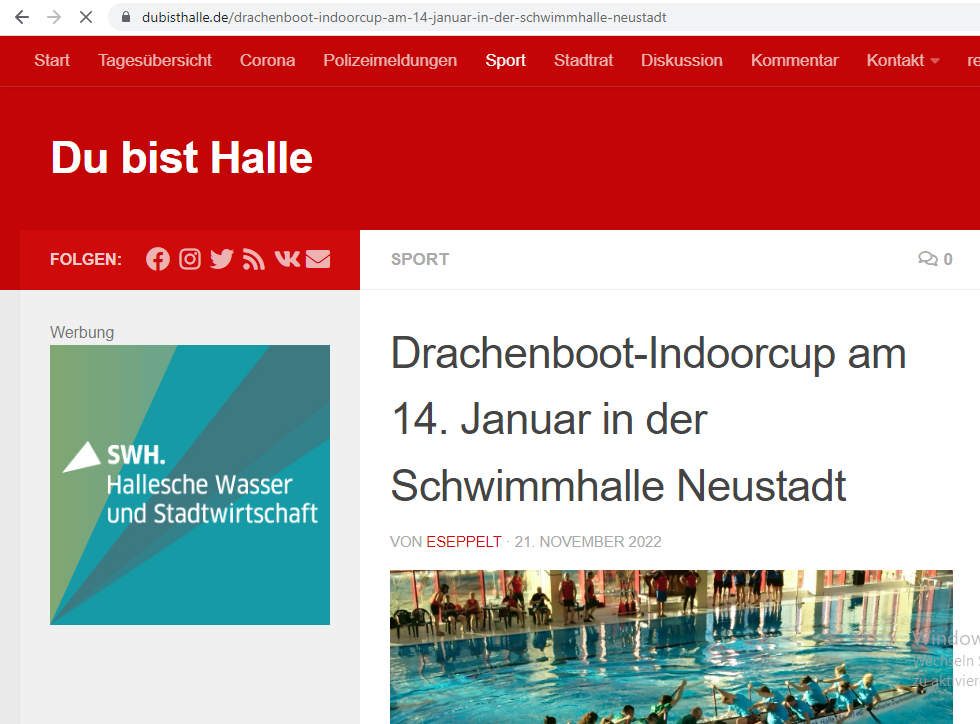 Drachenboot Indoorcup am 14. Januar in der Schwimmhalle - du bist Halle am 21.11.2022