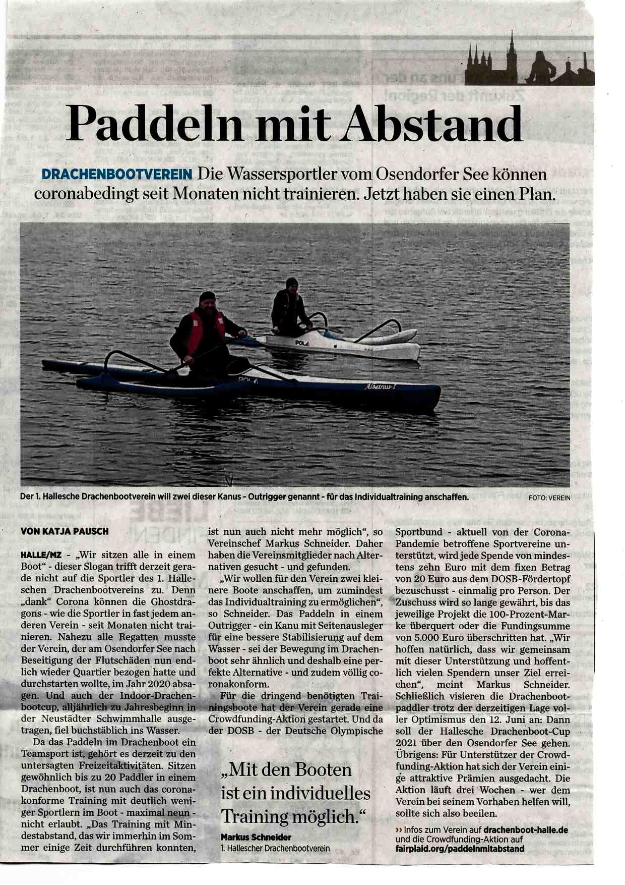 Paddeln mit Abstand - MZ vom 16.01.2021