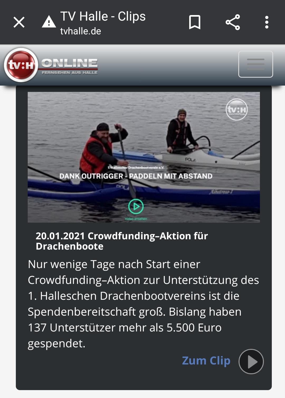 Crowdfunding-Aktion für Drachenboote - TV Halle vom 20.01.2021