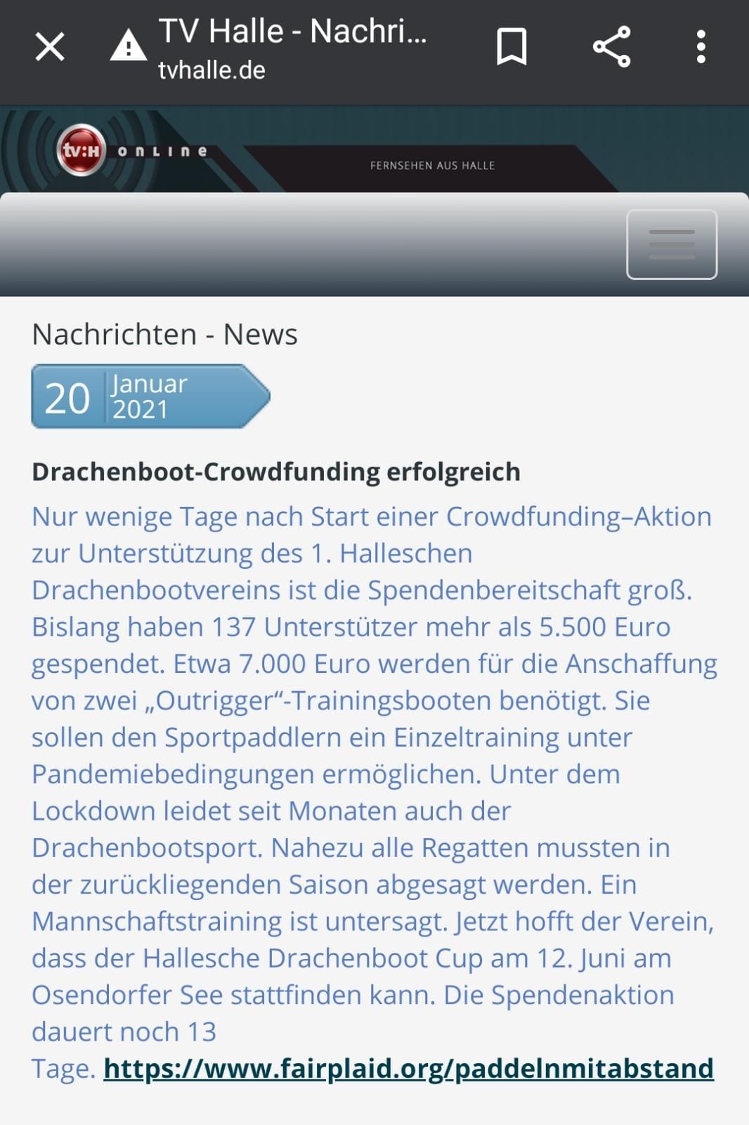 Drachenboot-Crowdfunding erfolgreich - TV Halle News vom 20.01.2021